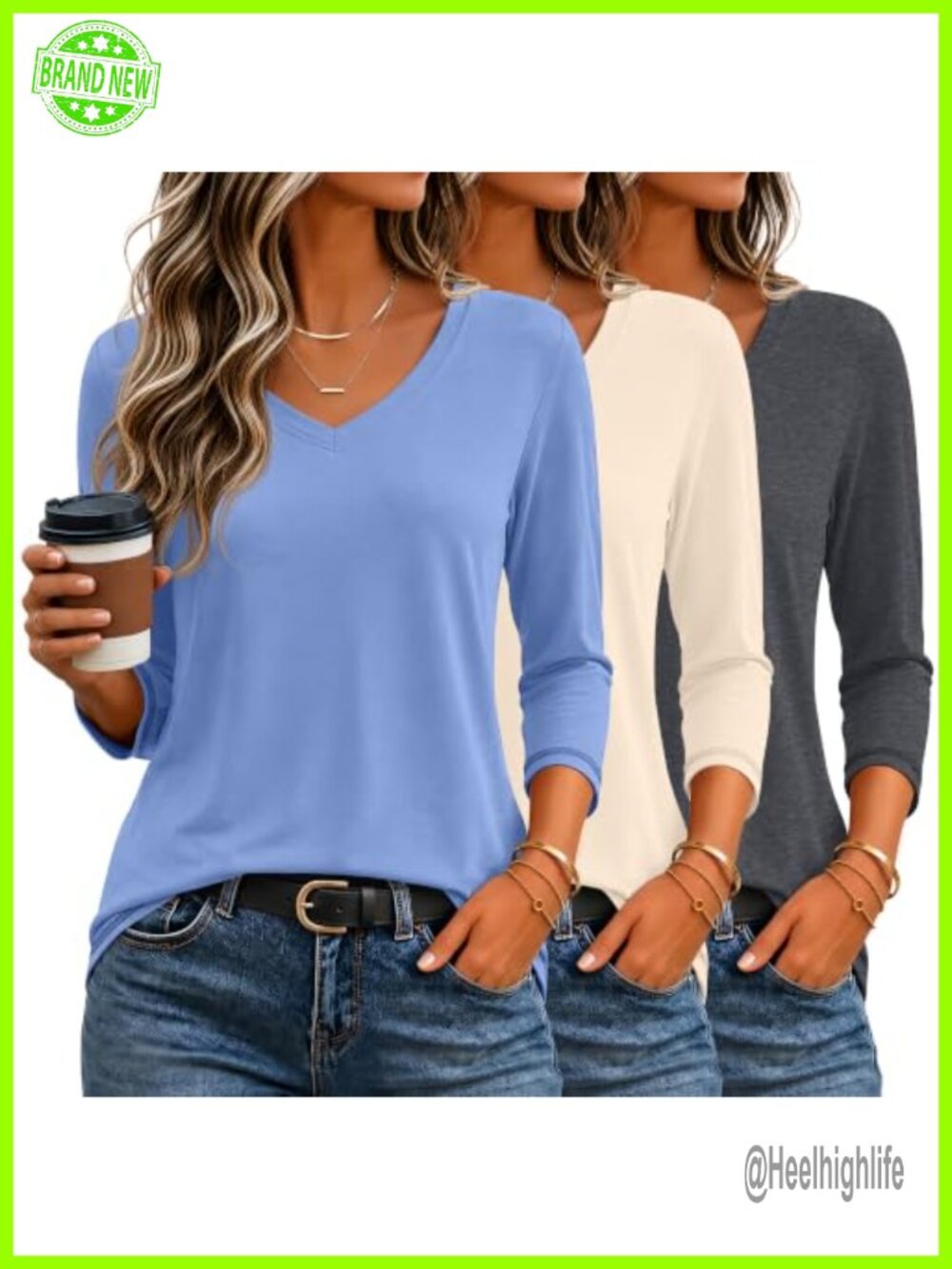3 Pack Women's 3/4 Sleeve V Neck Tops Loose Fit T-Shirts